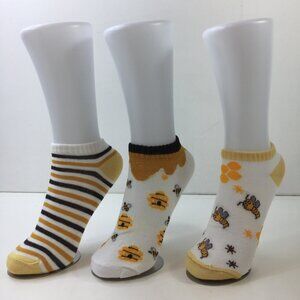 Womens Bee-Themed Ankle Socks 3-Pack Stripes Buzzing Bees Hives Yellow White
